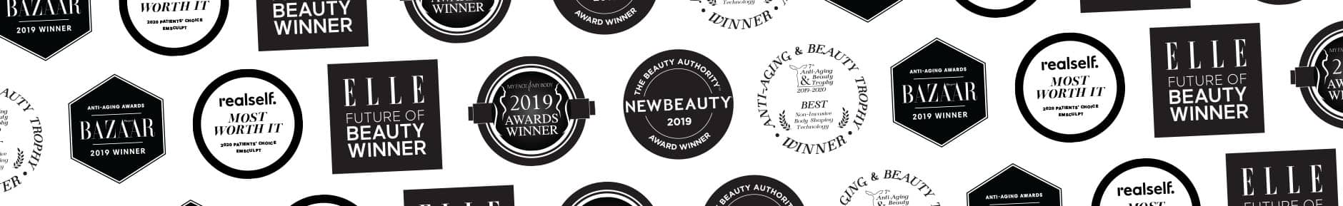 Strip of beauty award seals and magazine logos for EMtone cellulite reduction in London